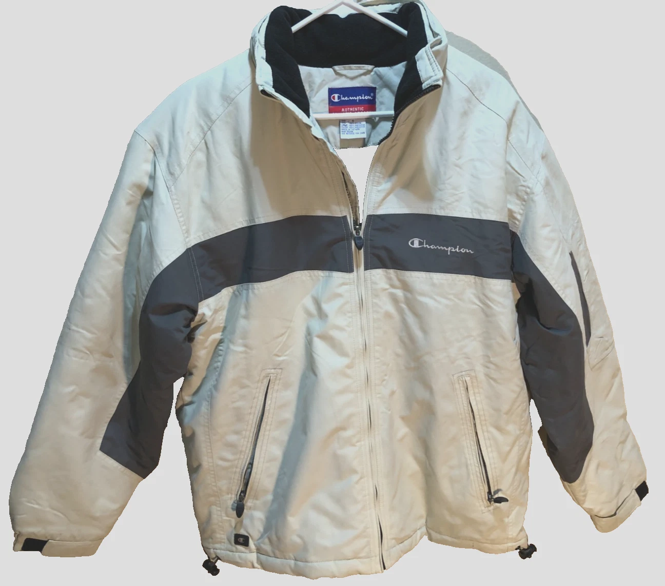 Champion Men's White Nylon Puffer Zip Fleece Lined Winter Vintage 90s Jacket S