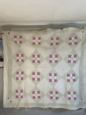 Vintage Hand-stitched Four Patch Cotton Quilt with green and raspberry squares.