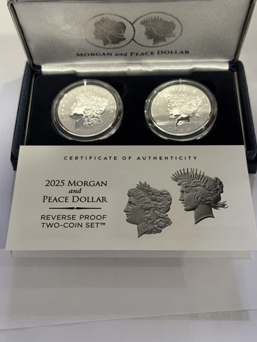 2025 S Two Coin Set. MORGAN AND PEACE REVERSE PROOF SILVER DOLLAR with OGP + COA