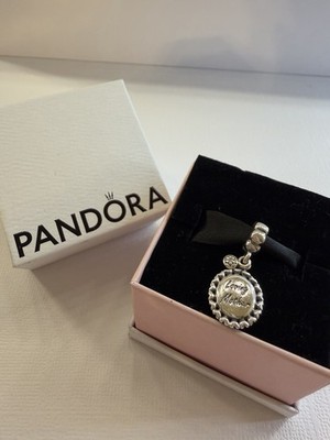 PANDORA Engraved Round Dangle Charm, Love Theme, Signed, Sterling Silver 925