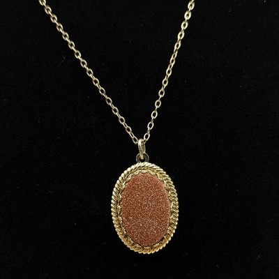 Vintage 1/20 12k GF Chain w/ Gold Tone Glittery Goldstone Oval Pendant Necklace 