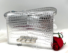 AUTH NWT $1890 Alexander McQueen Croc Embossed The Four Ring Shoulder Bag-Silver
