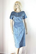 VTG 40's Custom Made Dress SS Hourglass Blue Brocade Wrap Collar / Bow Sz. S 03