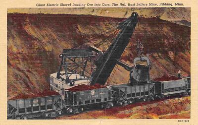 Giant Electric Shovel Loading Iron Ore Cars Mining Hibbing MN linen postcard