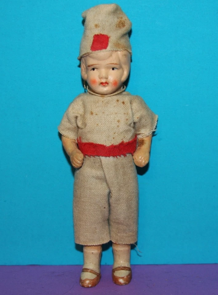 Antigua ropa vintage de 1920 de 7" TODO bisque de cerámica para niño fieltro brazos encordados Foto 3 de 4