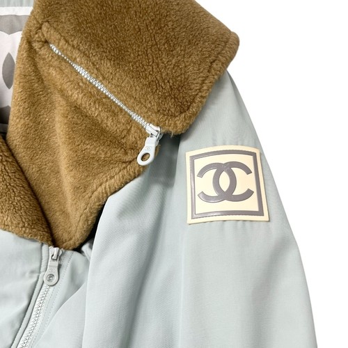 CHANEL Sport Vintage 01A CC Logo Ski Wear Jacket #36 Blue Brown Cotton Fur Zip - Picture 7 of 16
