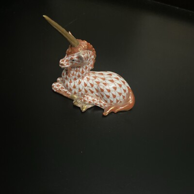 Herend Hungary Unicorn Fishnet Hand-Painted Rust Porcelain 24k Gold Accent Rare