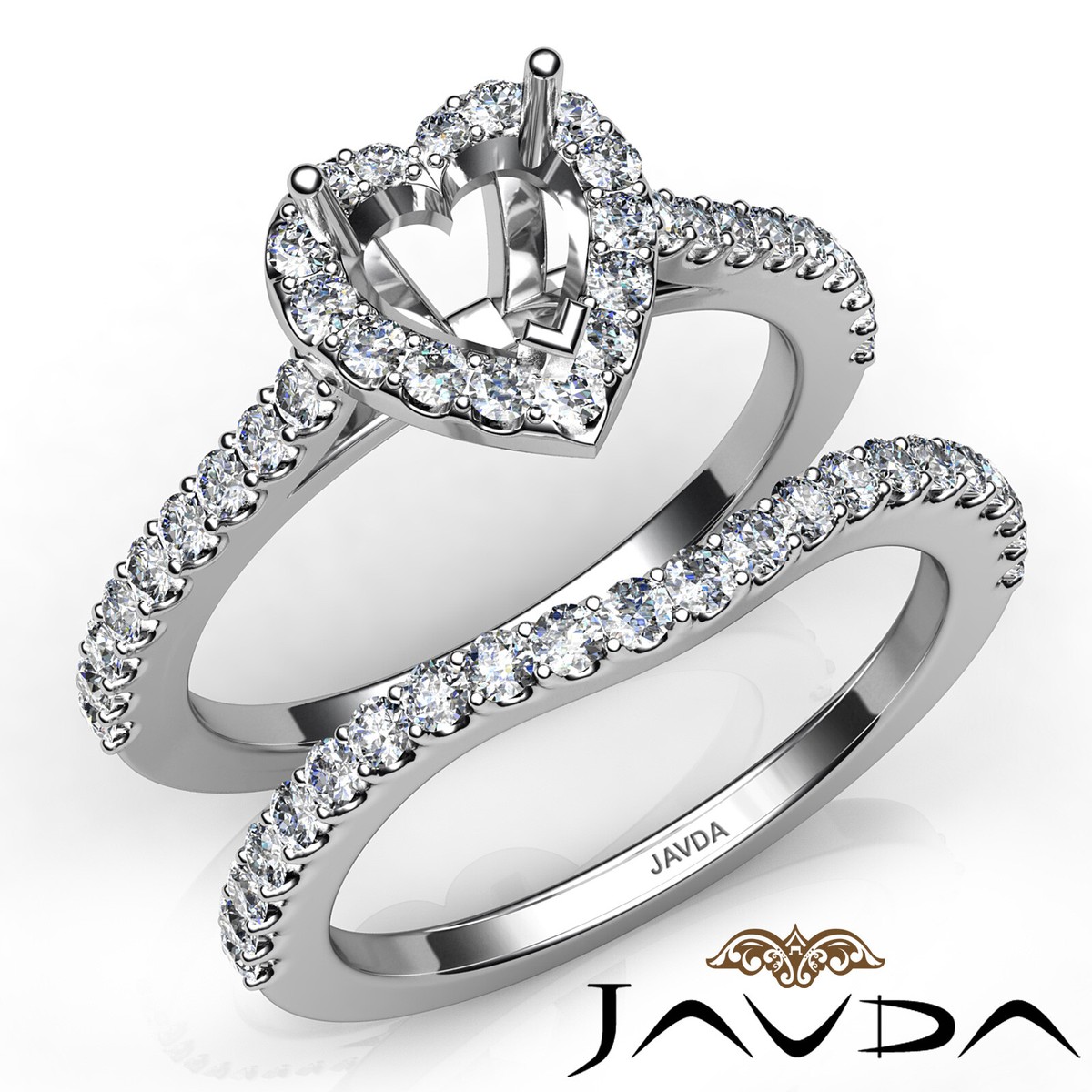 Heart Diamond Engagement Ring Bridal Set Halo U Cut Pave Semi