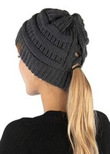 Criss Cross Hat Womens Beanie Tail Messy Bun High Ponytail Knit 1 - Charcoal