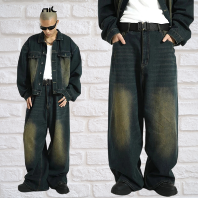 Washed Skater Men Baggy Jeans Adjust-waist 90s Vintage Y2k Wide