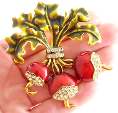 BIG 2 7/8'' NWOT DESIGNER STYLE RHINESTONE ENAMEL RADISH TURNIP BROOCH PIN