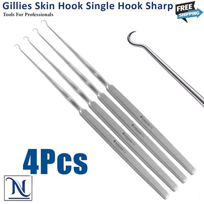 4-Piece Gillies Hook Set for Animal Spay and Ovarian Surgery Veterinary
