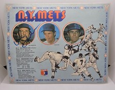 NY Mets 1976 Placemat Signed Bud Harrelson Jerry Grote Autographed Laminated 