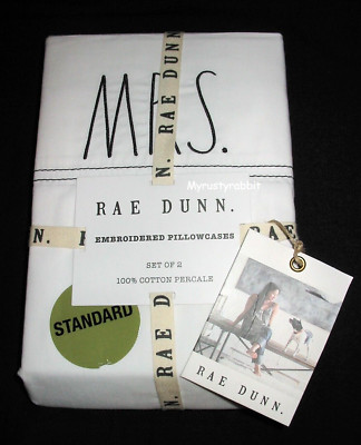 Rae Dunn MR. & MRS. Pillowcases Set of 2 Standard - White Cotton Percale - New