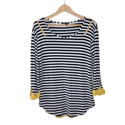 Roly Poly | Black White Striped Top with Yellow Accents Size Large