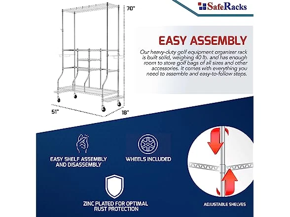 SafeRacks Golf Equipment Organizer Rack, Garage Steel Wire - CHROME - Image 4 of 4