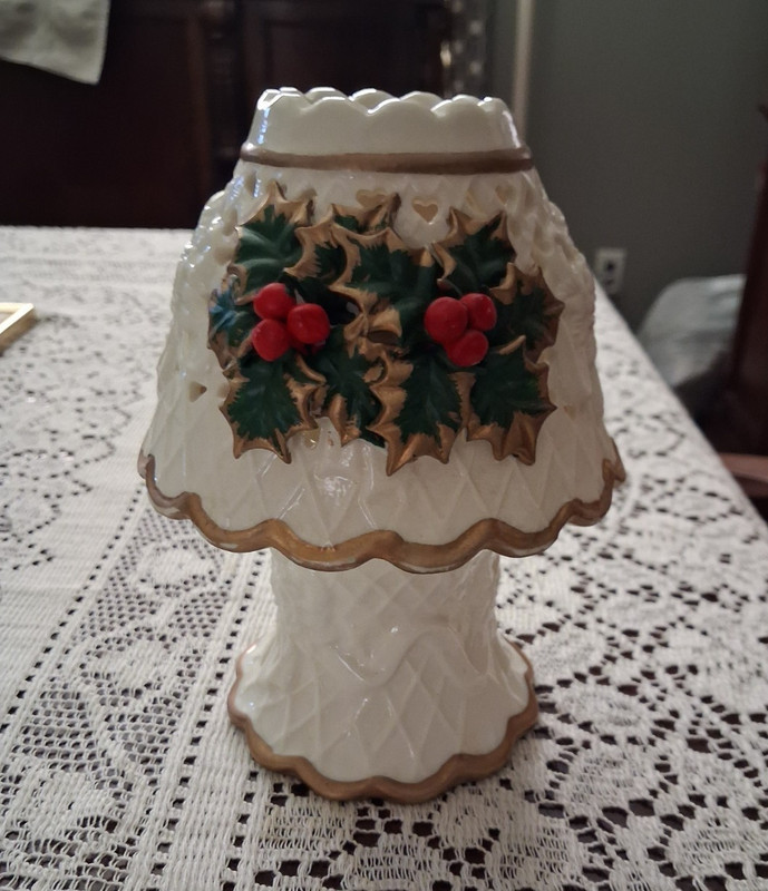 Ceramic Christmas Holly Cutwork Candle Holder, White Glossy w/ Green Red Gold
