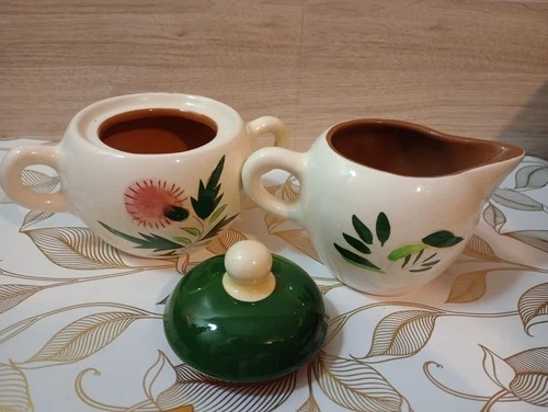 Stangl Vintage Pottery Sugar Bowl And Creamer Pitcher Floral Ceramic Lid Handles