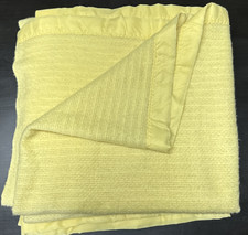 Vintage Waffle Weave Satin Trim Acrylic Yellow Blanket 77x92 In