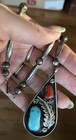 Old Pawn Navajo Sterling Turquoise Coral 2.5” Teardrop Pendant on Pearls Sgd CW — photo 8