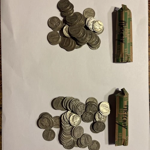 Mercury Dimes $10 Face Value 90% Silver 2 Rolls 100 Coin Bulk Lot