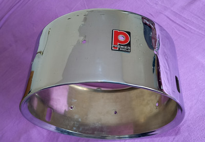 Vintage Premier 14 x 6 1/2'' Metallschale mit Abzeichen 80er Jahre GC HERGESTELLT IN UK gebraucht zum Aufarbeiten