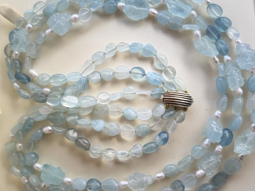 Kette natürlicher Aquamarin Rohstein mit echten Perlen - Bild 4 von 14