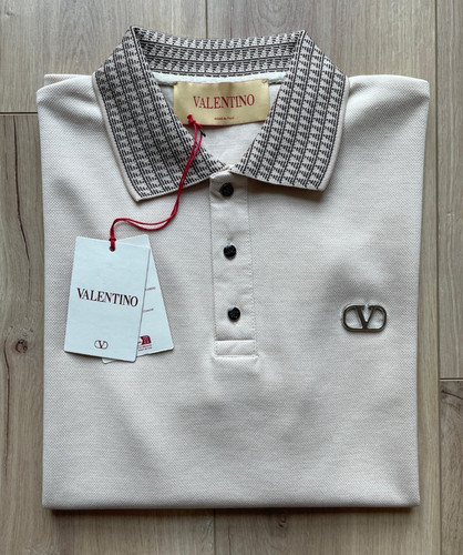 Valentino Men’s Ivory Polo Shirt with V Logo Medium