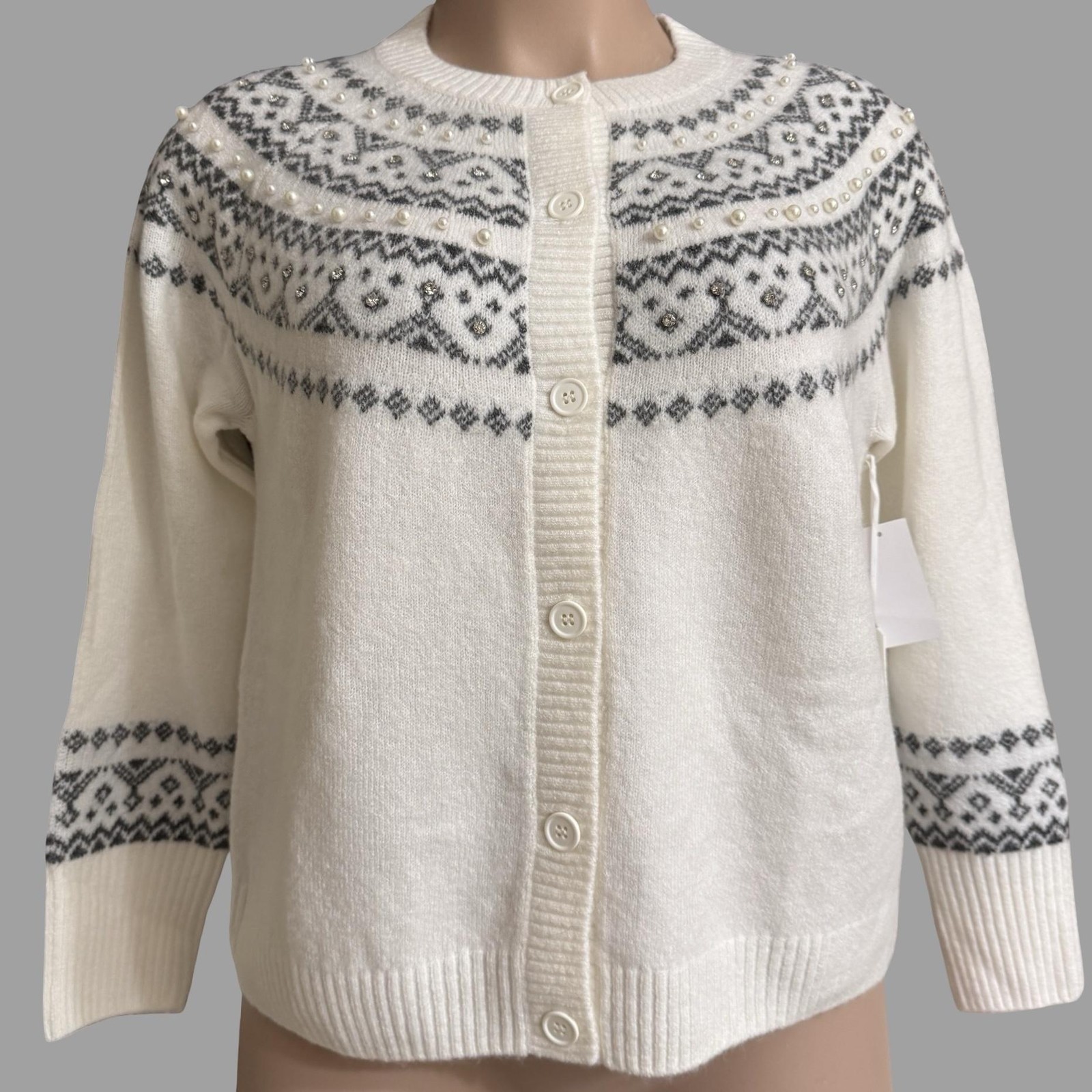 CeCe Fair Isle Cardigan Sweater Womens Large Off-White Pearl Yoke Holiday NEW