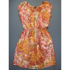 Talbots Womens L Silk Floral Fit & Flare Dress Orange Pink Smocked Cap Sleeve