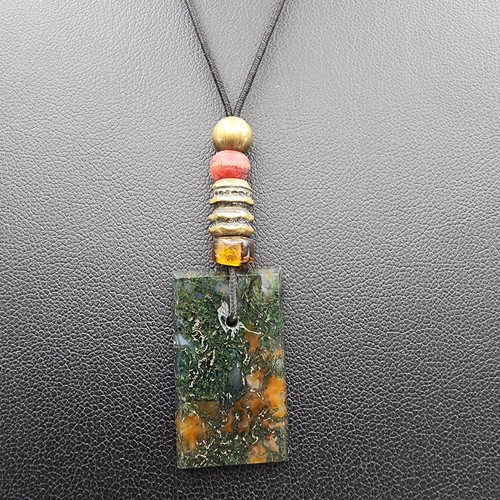 Moss Agate Slab Pendant Necklace Artisan Polished Stone Boho Brass Tone Bead 36"