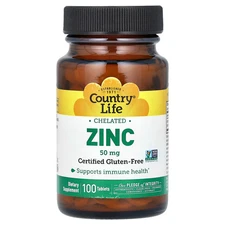 Country Life Zinc Chelated 50 mg 100 Tablets Gluten-Free, GMP Quality Assured ,