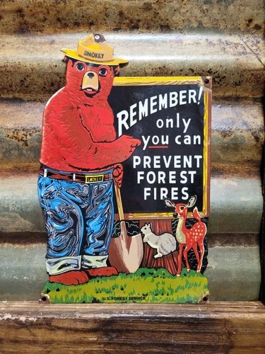 VINTAGE SMOKEY BEAR PORCELAIN SIGN OLD US FOREST SERVICE NATIONAL PARK FIRES USA