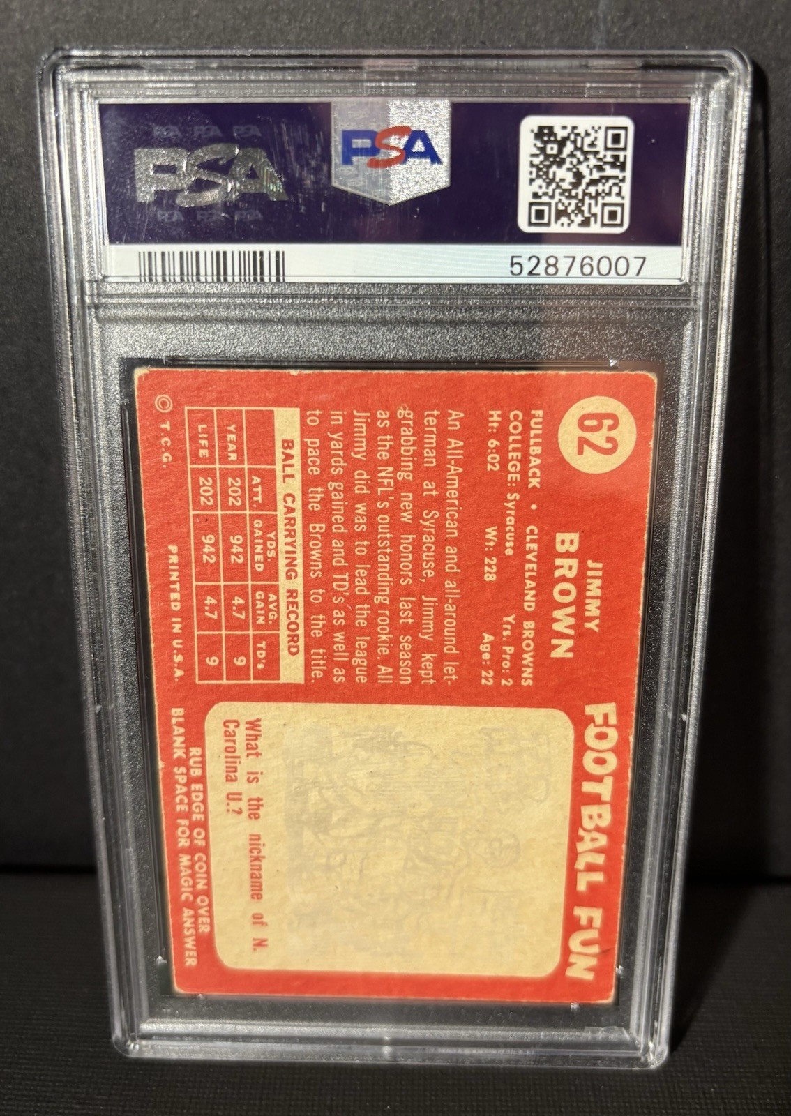 1958 Topps Jim Brown RC Cleveland Browns #62 PSA 2 Football Card - Great Color view 2