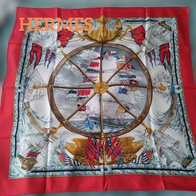 HERMES Carre 90 vive le vent Silk Scarf Red X Blue Women Auth