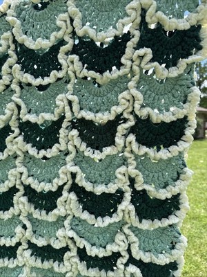 Handmade Crochet Blanket 78x42  Green Cascade White Ruffle Texture Throw