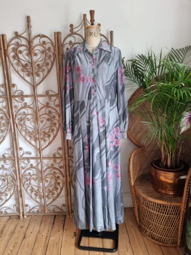 Vintage pink grey silver floral prairie lurex metallic 70s maxi dress M L - Picture 1 of 8