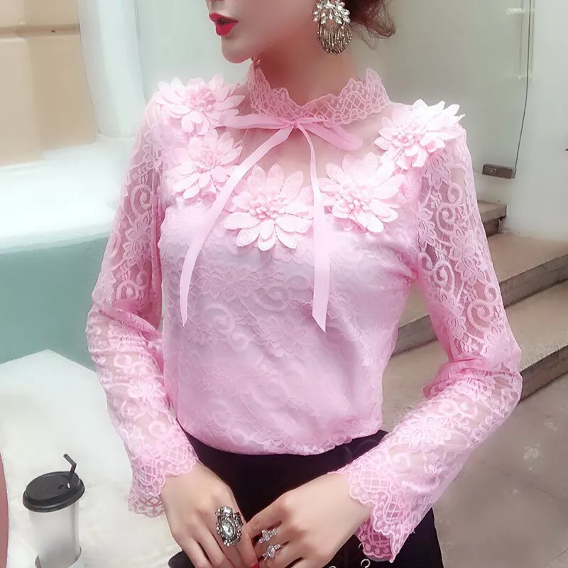 Women Lady Floral Lace Tops Blouse Long Sleeve Mesh Slim T Shirt Elegant Casual