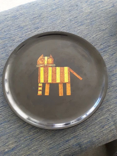 Vintage Couroc Monterey Black  Round Cat Tray /Plate  Wooden Inlay