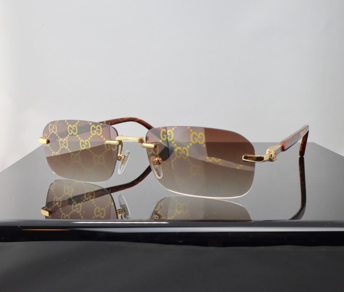 Gucci G1221S 004 Gold / Brown Lens with Pattern Square Rimless