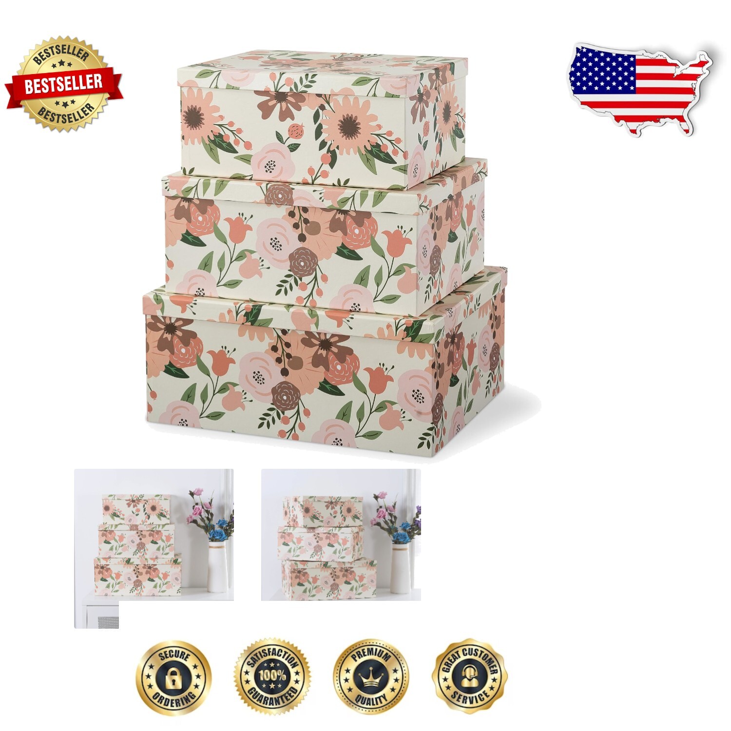 Versatile Peach Blossom Gift and Memory Boxes - Set of 3 Elegant Organizers