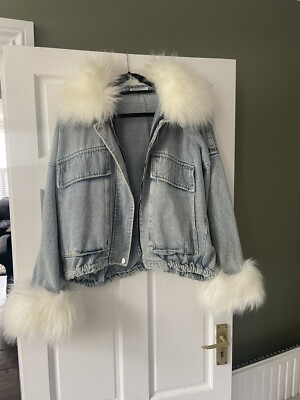 Womens Oversized Denim Jacket with White Faux Fur Collar and