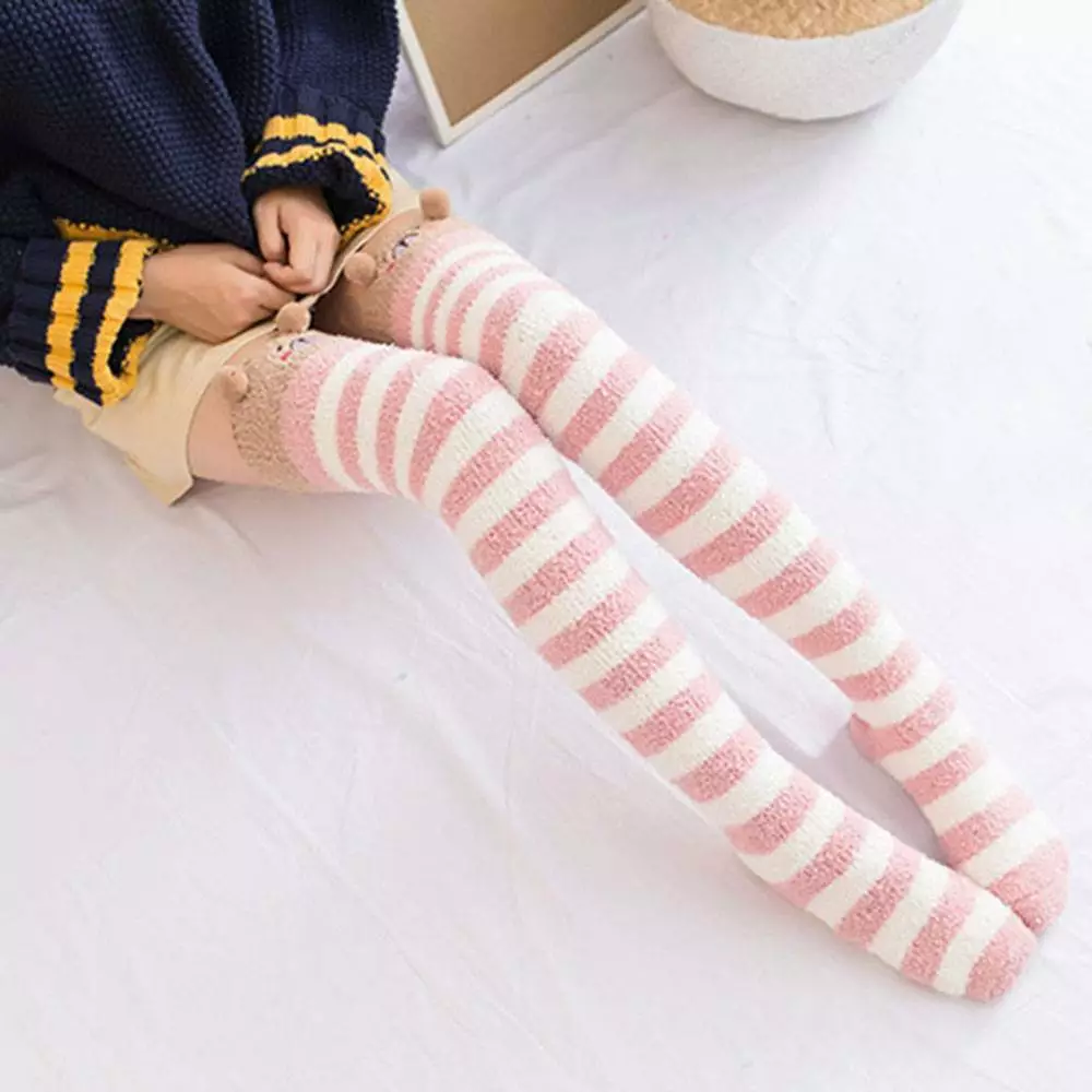 Lovely Kawaii Japanese Animal Printed Knee Socks Striped Cute Long Thigh High