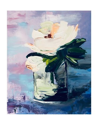 Abstraktes weißes Pastell Rosen Original Ölgemälde Impasto Kunstwerk 10'' mal 8''