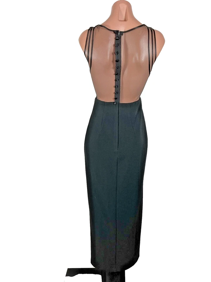 Vestido de graduación vintage años 90 y2k negro ilusión cuello enjaulado espalda sin espalda botones espalda 3/4 Foto 2 de 4