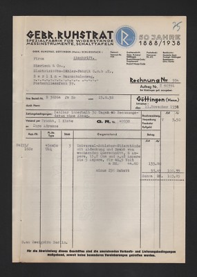 Göttingen, invoice 1938, Gebrüder Ruhstrat resistors measuring instruments factory