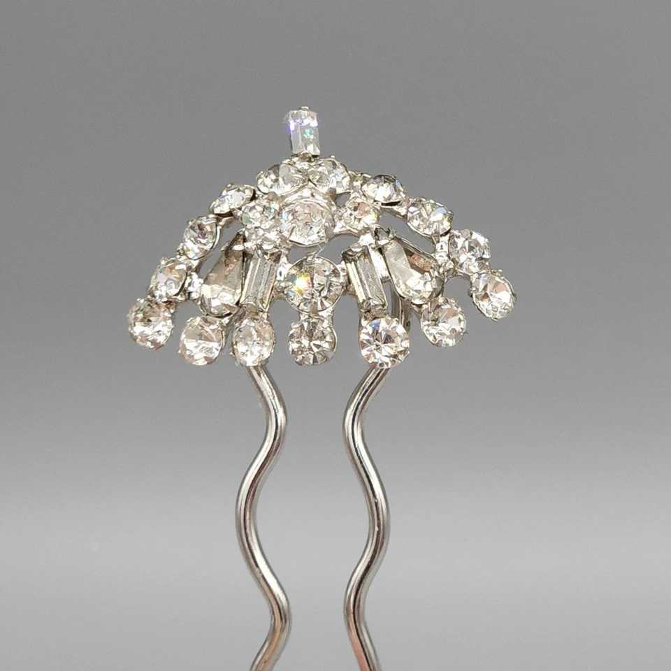 Vintage Baguette Pear Round Clear Rhinestone Rhodium Plate Hair Fork Comb Pin - Image 2 of 4