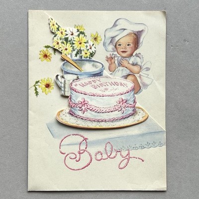 VTG 1946 FANCY FOLD-BACK DIECUT Baby in Chefs Hat w/ Cake BIRTHDAY GREETING CARD