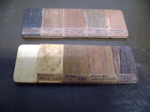vintage 1940's hardwood veneer salesman sample boards with 19 exotic wood types