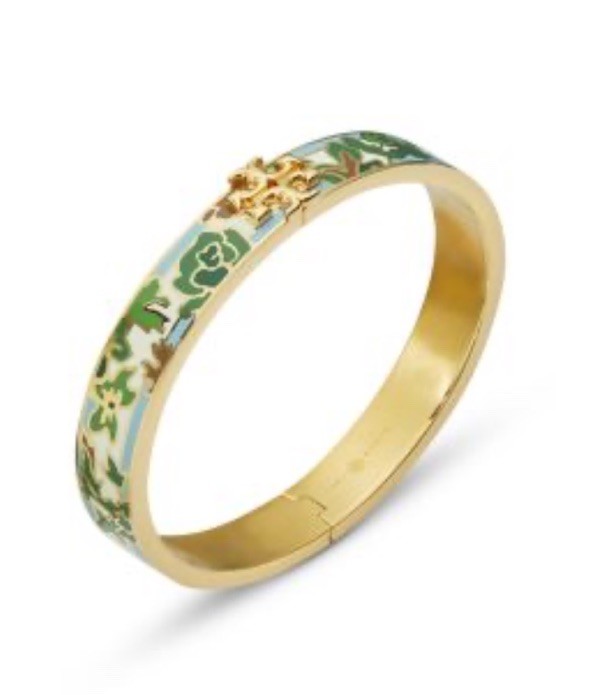 Tory Burch Gold-Tone Enamel Floral Bangle Bracelet Green Brown Blue Flowers $178
